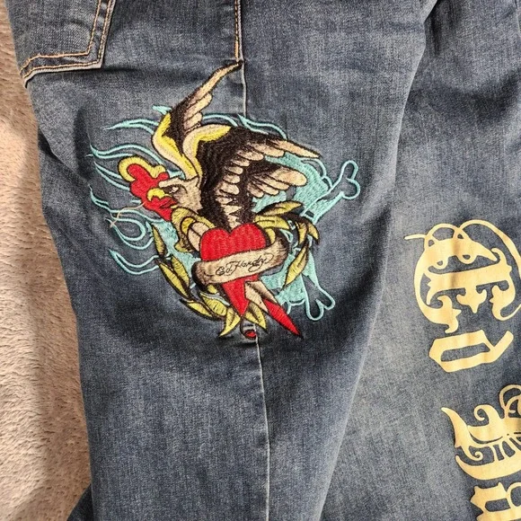 Ed Hardy Jeans Women's Size 34 Blue Wide Leg Embroidered Tattoo Print WEHD8300-3